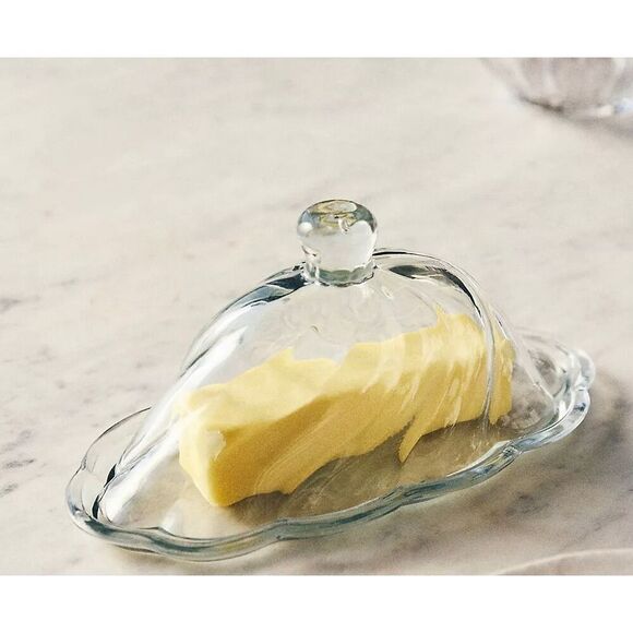 Anthropologie Etta Handblown Glass Butter Dish, Floral Motif Clear Vintage Style - Picture 2 of 3